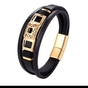Elegant Black Leather Bracelet with Gold